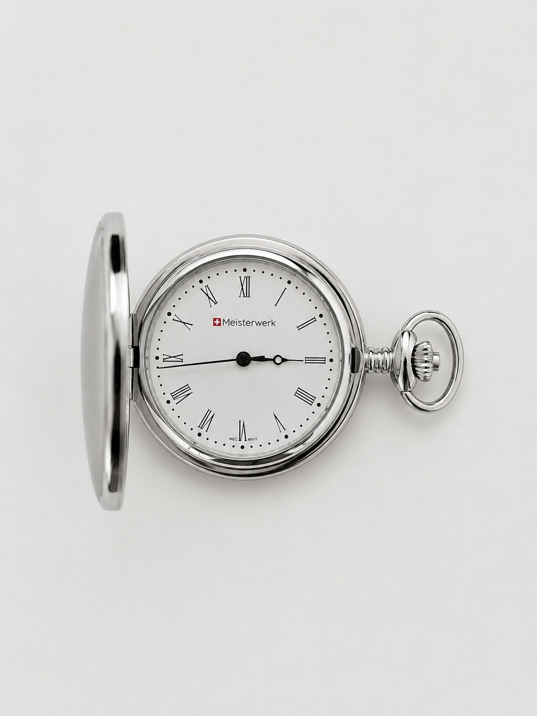 Meisterwerk 1862 S Silver Mechanical Pocket Watch Roman Dial w/ Chain