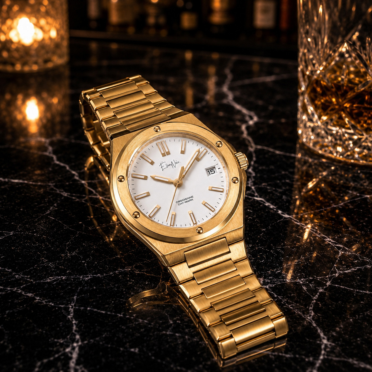Custom Élan Noir Day-Mark Auto NH35 Watch Gold White Dial Sapphire Steel 41mm