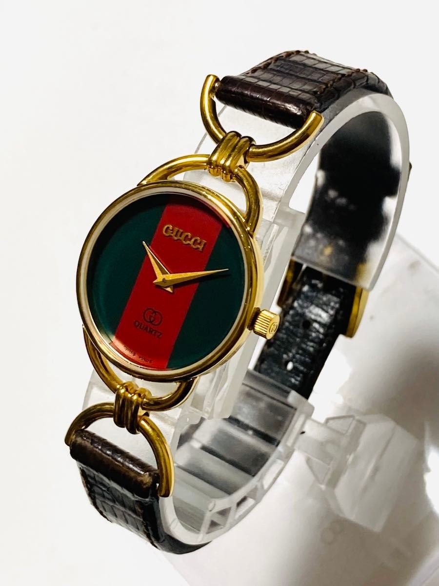 [A3P] Gucci Shearline Vintage Green Red Web Leather Quartz Ladies [x9s]