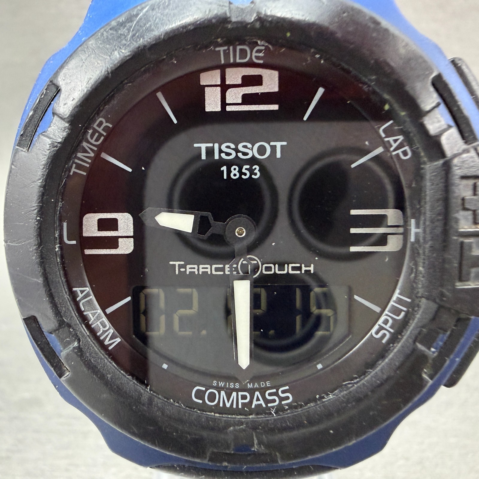 Tissot T-Touch Watch Men 47mm Black Blue Ana Digi Alarm Chrono New Battery W/Box