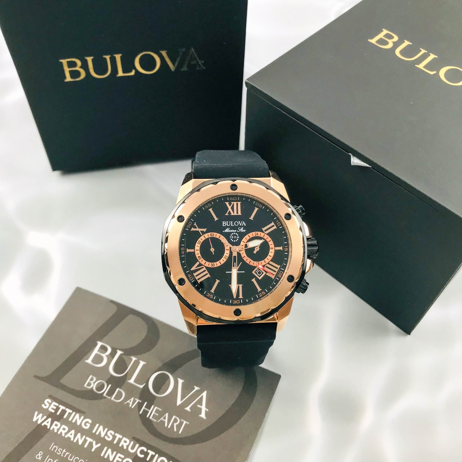 Bulova Marine Star 98B104 Men’s Chronog Black Dial Black Rubber Strap Watch 44mm