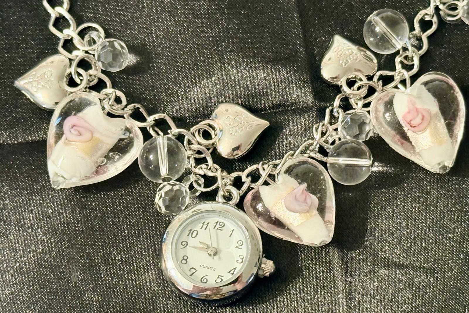 Shabby Chic Rose Watch Charm Bracelet Clear Heart Beads Silver Tone No Battery