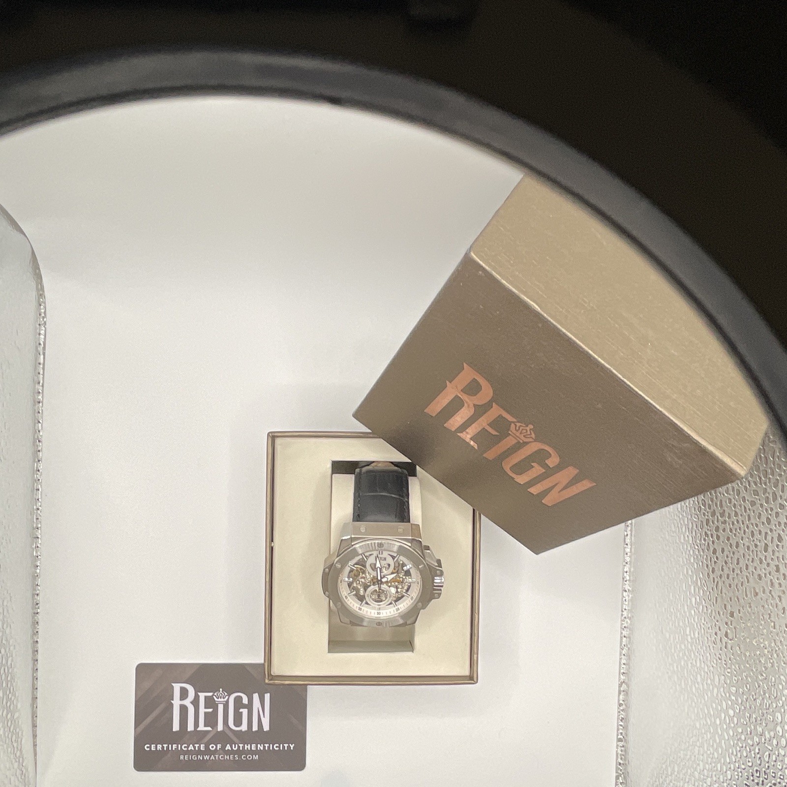 Reign Men’s Automatic Skeleton Dial Silver Tone Black leather Strap