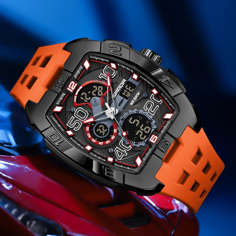 SANDA Fashion Men’S Dual Display Sport Digital Watch TPU Large Dial Luminous Chr
