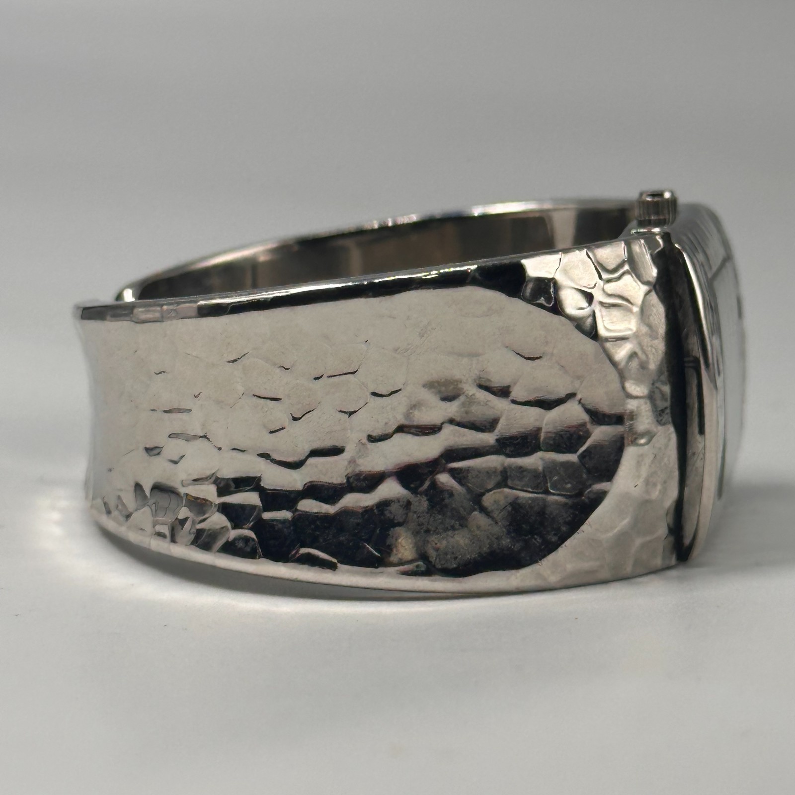 Studio Time Watch Women Silver Tone Hammered Design Cuff Band New Battery 6.5″