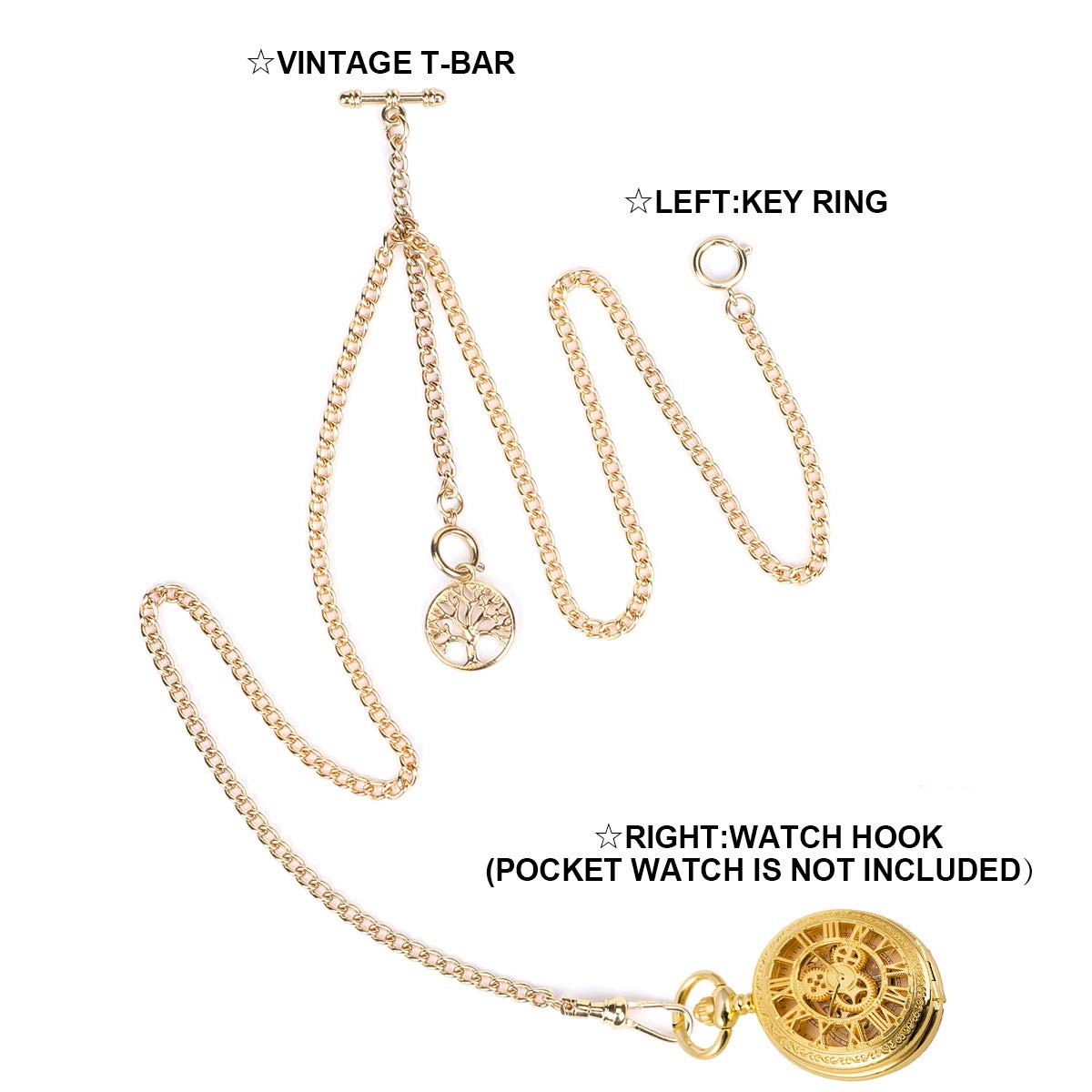 SIBOSUN Pocket Watch with Double Albert Chain, T Bar Chain and Gold