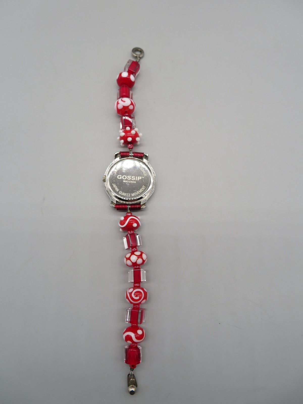 Unusual Gossip Watch Red, White & Clear Beaded Band Gemstone Bezel New Battery