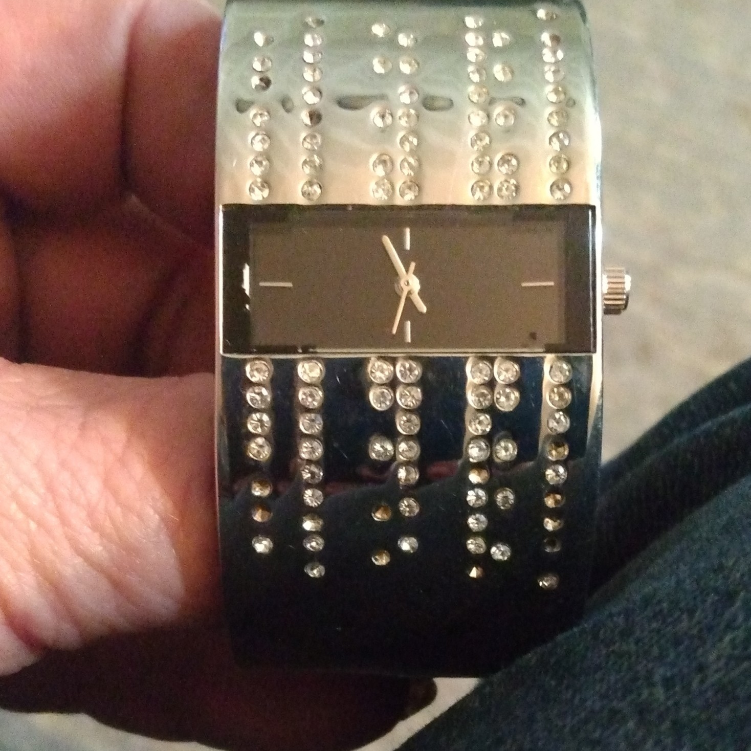 Allude Gemmed Silver Metal Bangle Women’s Analog Dress Watch Black Dial