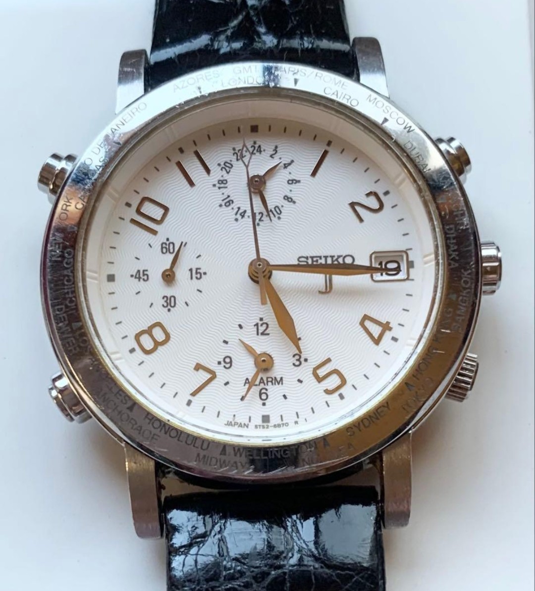 [ EXC+4 ] SEIKO J World Timer Alarm 5T52-6B80 Quartz 35mm Men’s