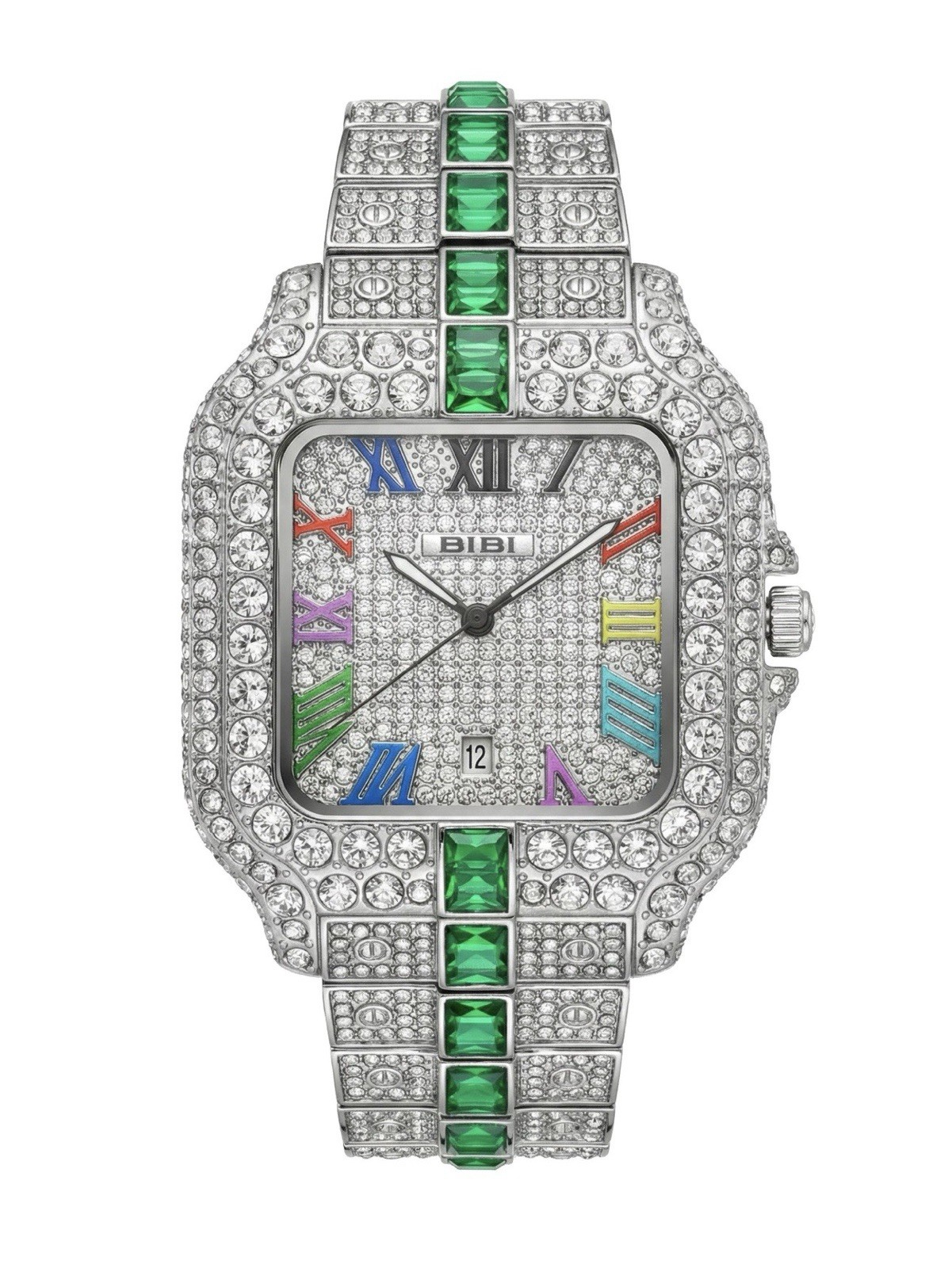 Bibi Luxury Diamond Pattern Square Wristwatch Silver Green Roman Numerals Date
