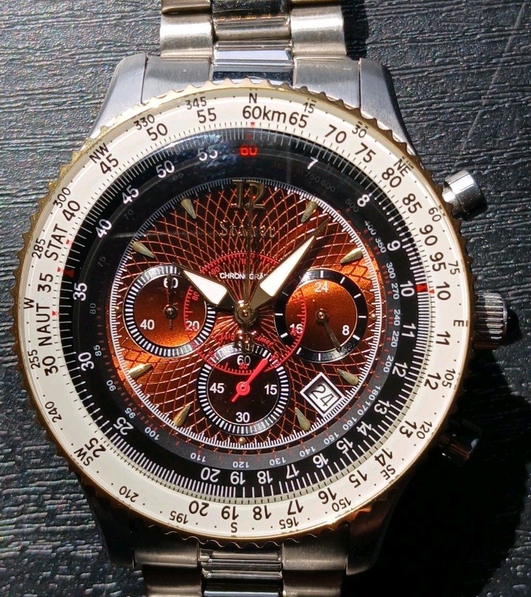 Stauer Flyboy 1916 Midnight Men Pilot Watch Bronze Dial Chronograph New Battery