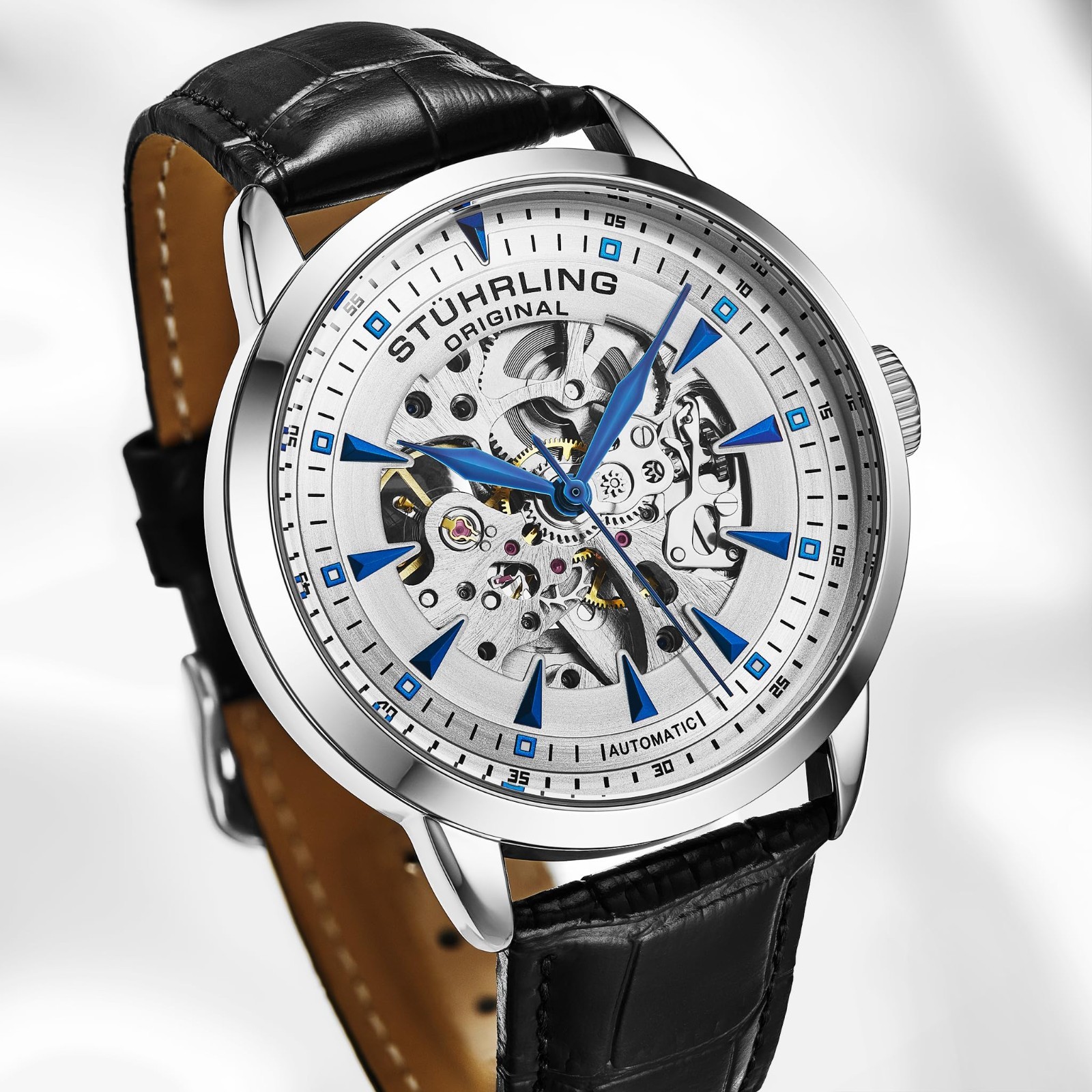 Men’s Skeleton Automatic Dress Watch, Alligator Embossed Leather Strap, Unique D