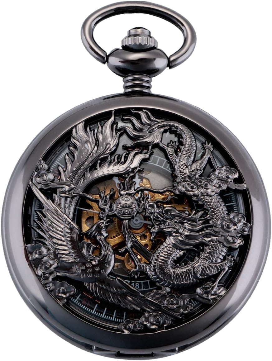 Mechanical Pocket Watch Black Antique Roman Numerals Phoenix Dragon – Vintage