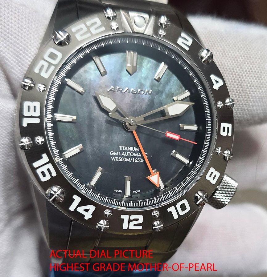 NEW! Aragon Enforcer True GMT Titanium Black MOP Dial 44mm Watch A702BLK