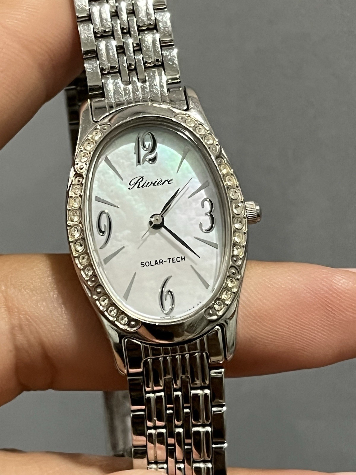 Citizen Riviere Solar-Tech Quartz Silver Oval Steel Bracelet White MOP Dial WR