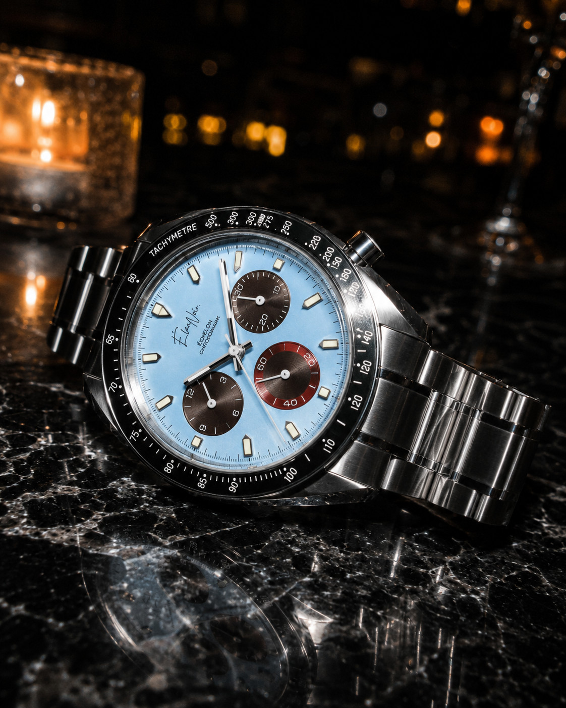 Élan Noir Chronograph Watch VK63 Light Blue Sapphire Crystal Steel 40mm