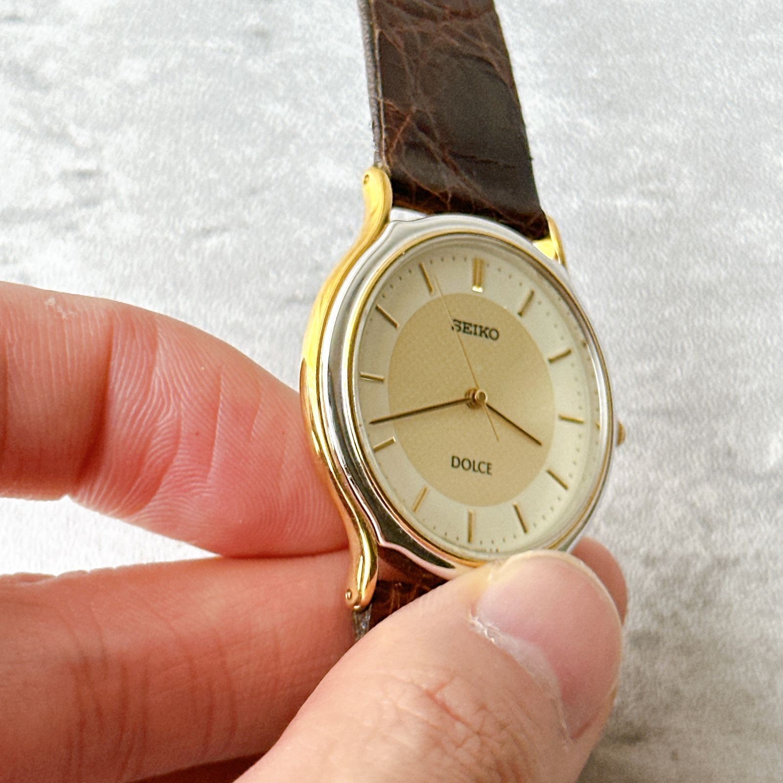 SEIKO Dolce 5E31 6D60 Gold Combination Ivory Dial Men’s Quartz Dress Watch Leath