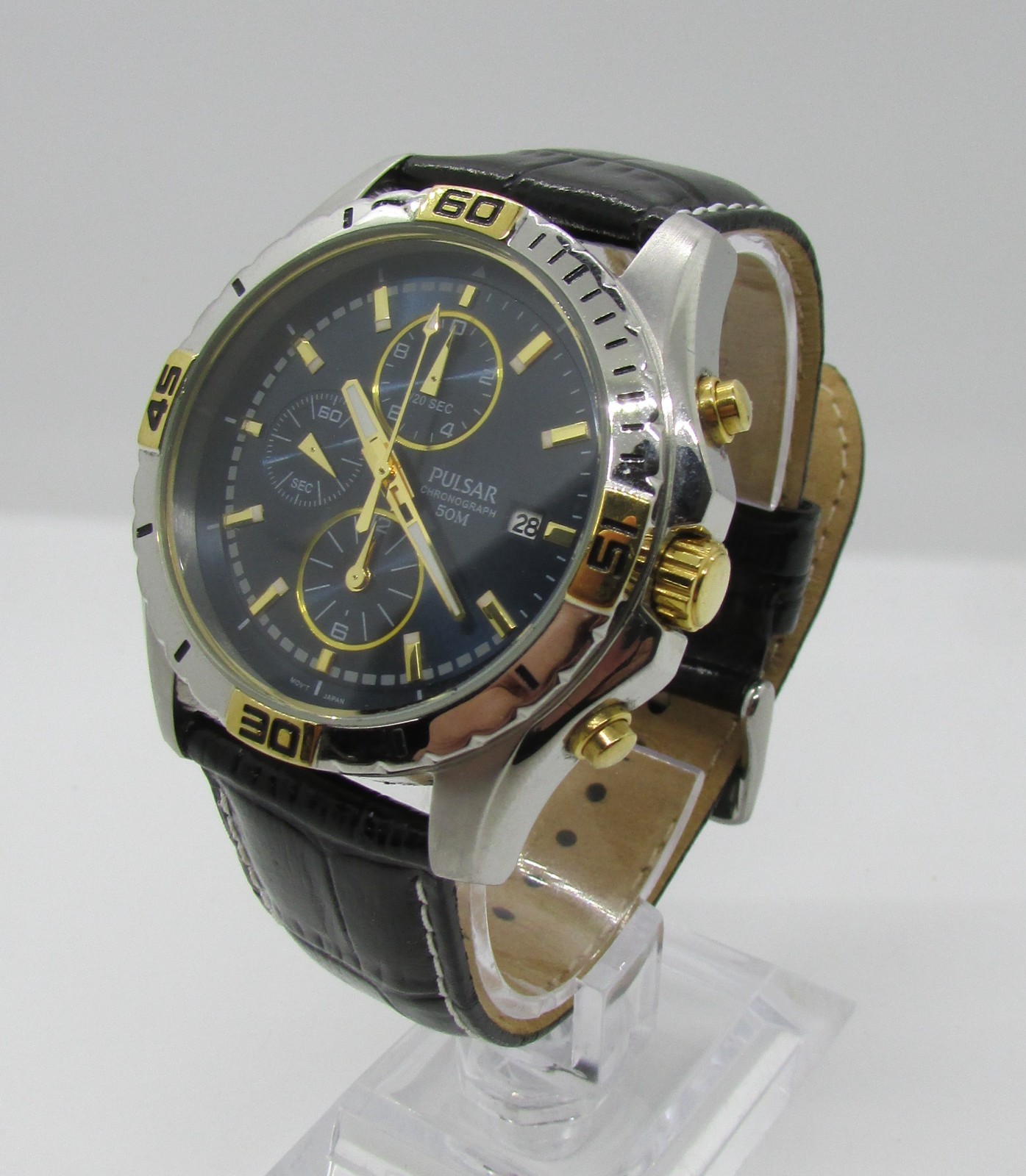 Pulsar YM92-X222 Blue Chronograph 2Tone Case Leather Band 44mm Men’s Wrist Watch