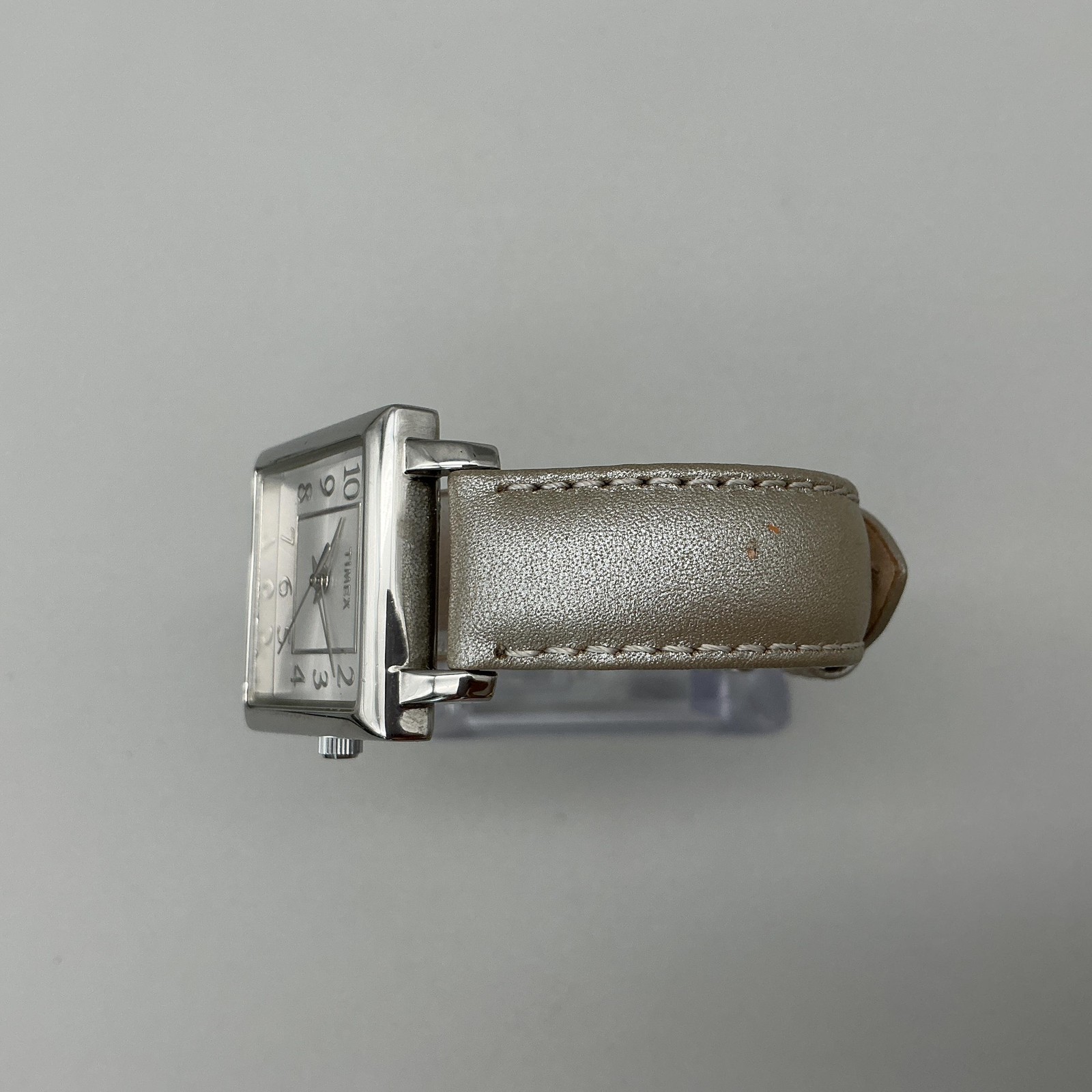 Timex Womens Watch 28mm Silver Tone Gray Leather T2P095 Square Dial
