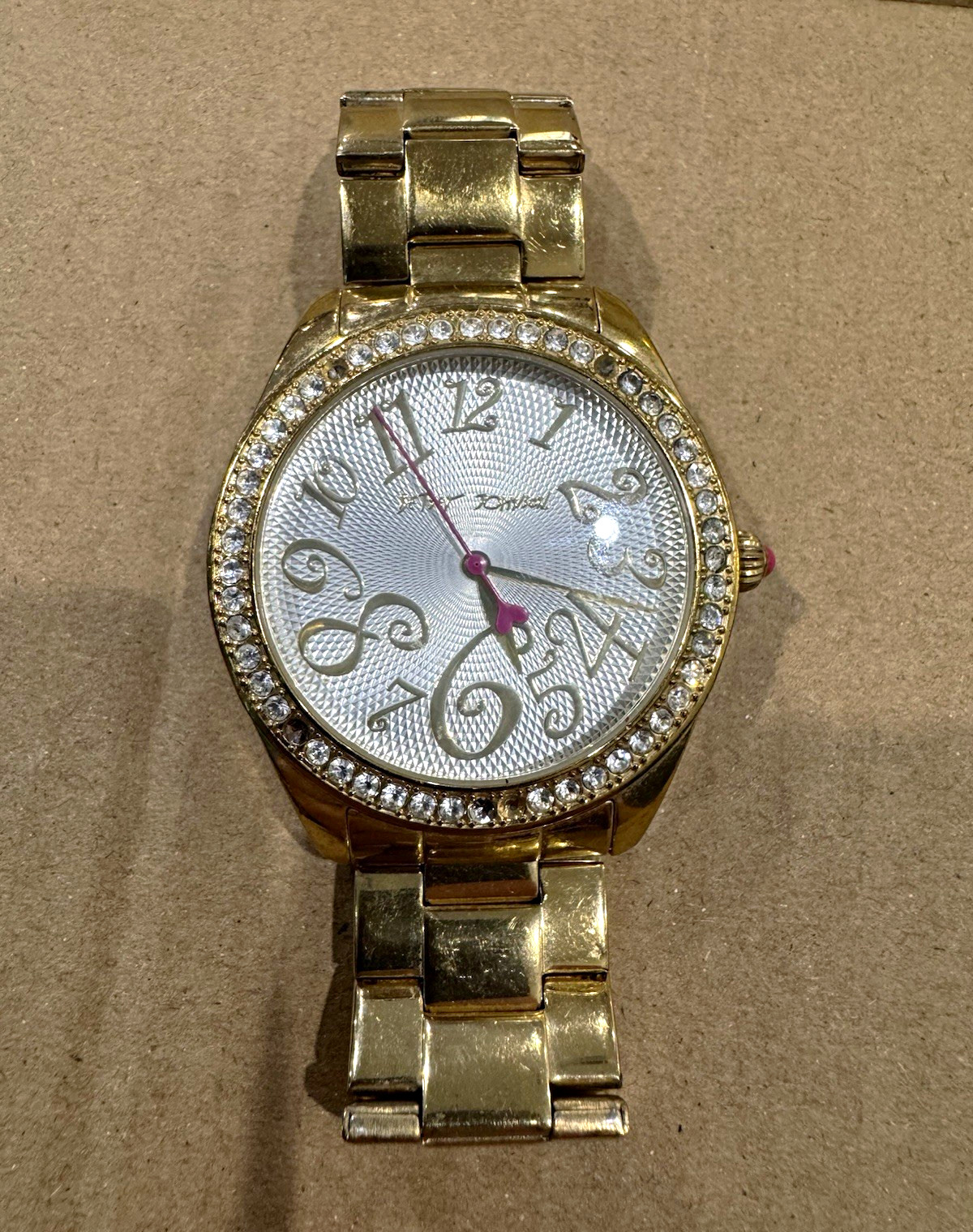 Betsey Johnson Women Quartz Analog Silver Dial Gem-Set Bezel Gold Bracelet 40mm
