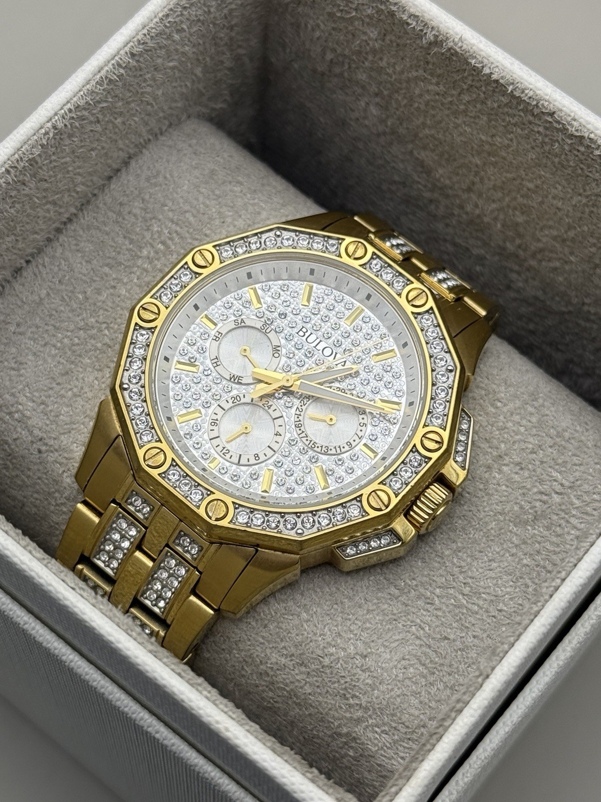 Bulova Octava Gold-Tone Pave Dial Crystal Gent’s Watch 41.5mm 98C126