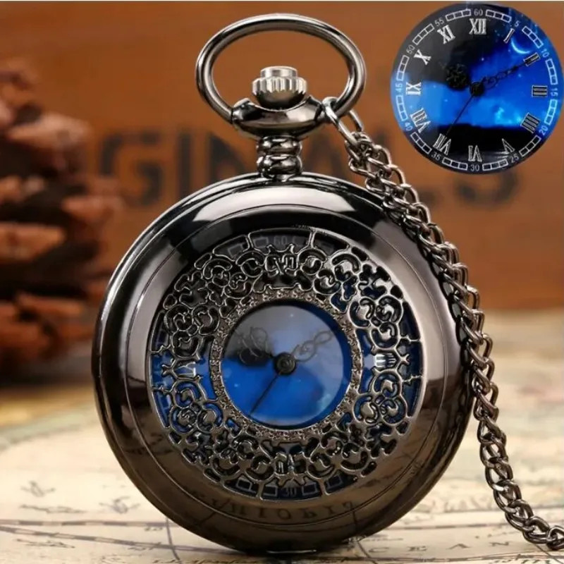 Exquisite Starry Blue Dial Quartz Pocket Watch Roman Numerals Gift