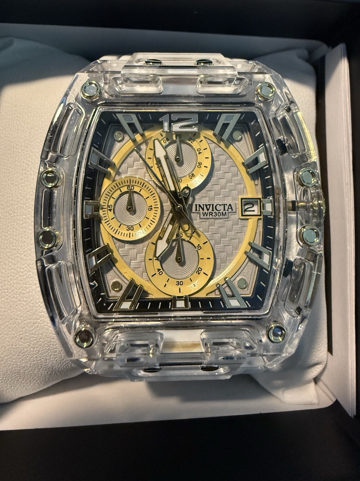 Invicta S1 Rally Men 42mm Transparent Tone Case White+Gold Metal Dial Quartz 🔥