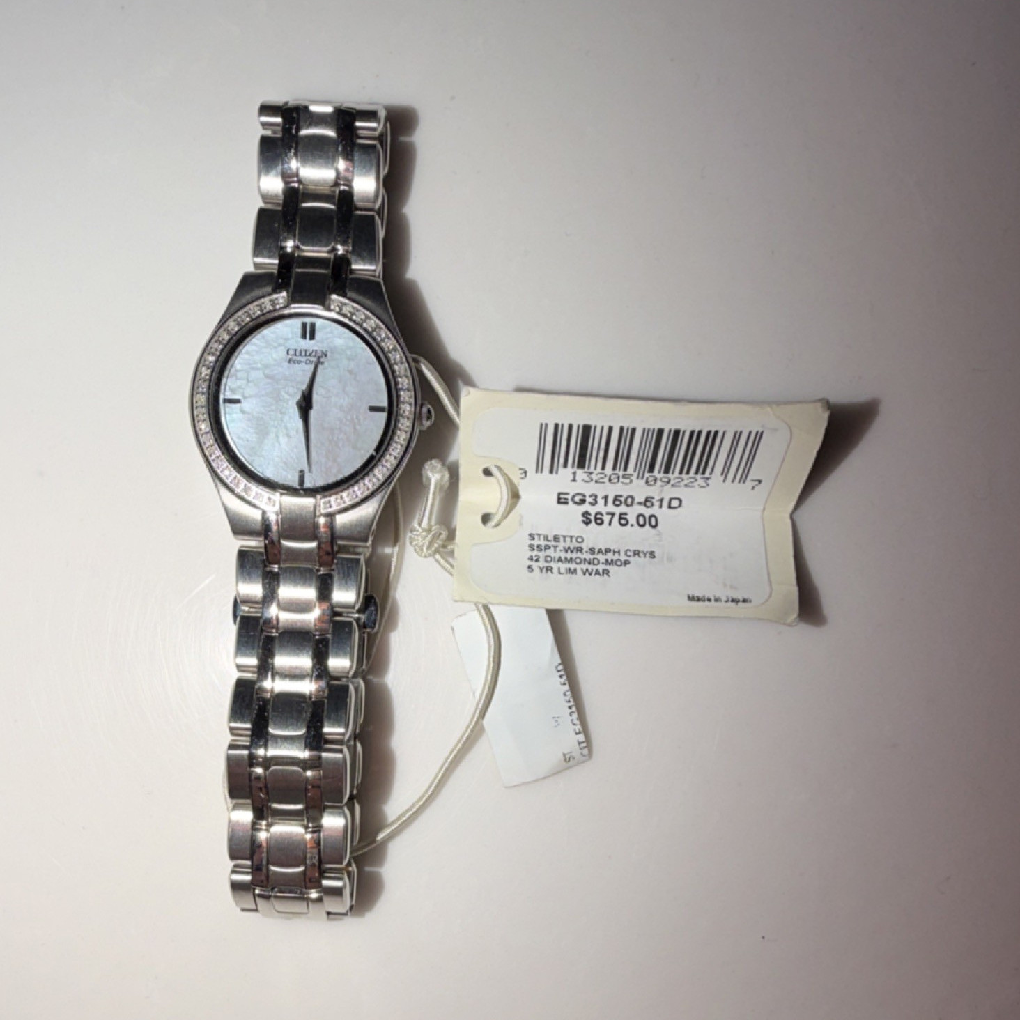 Citizen Stiletto Diamond Accent Sapphire Mother of Pearl Silver Women’s Watch
