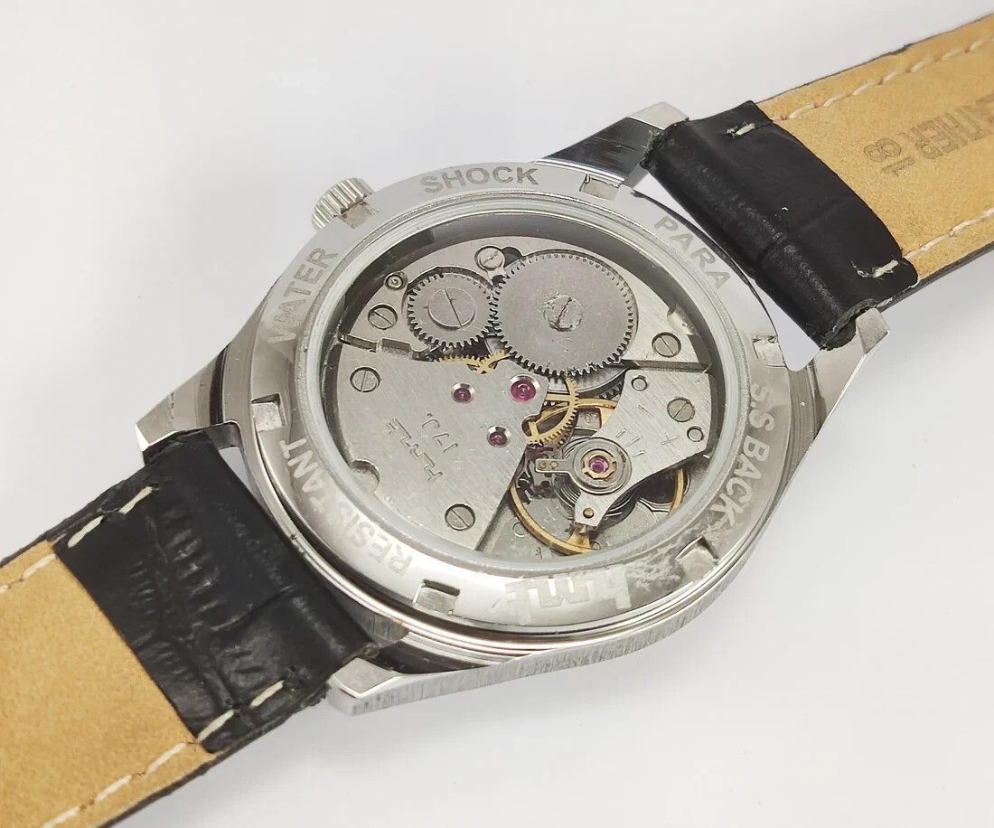 HMT Janata Devanagari Yellow Dial Hand Winding Transparent Back Mens Wrist Watch