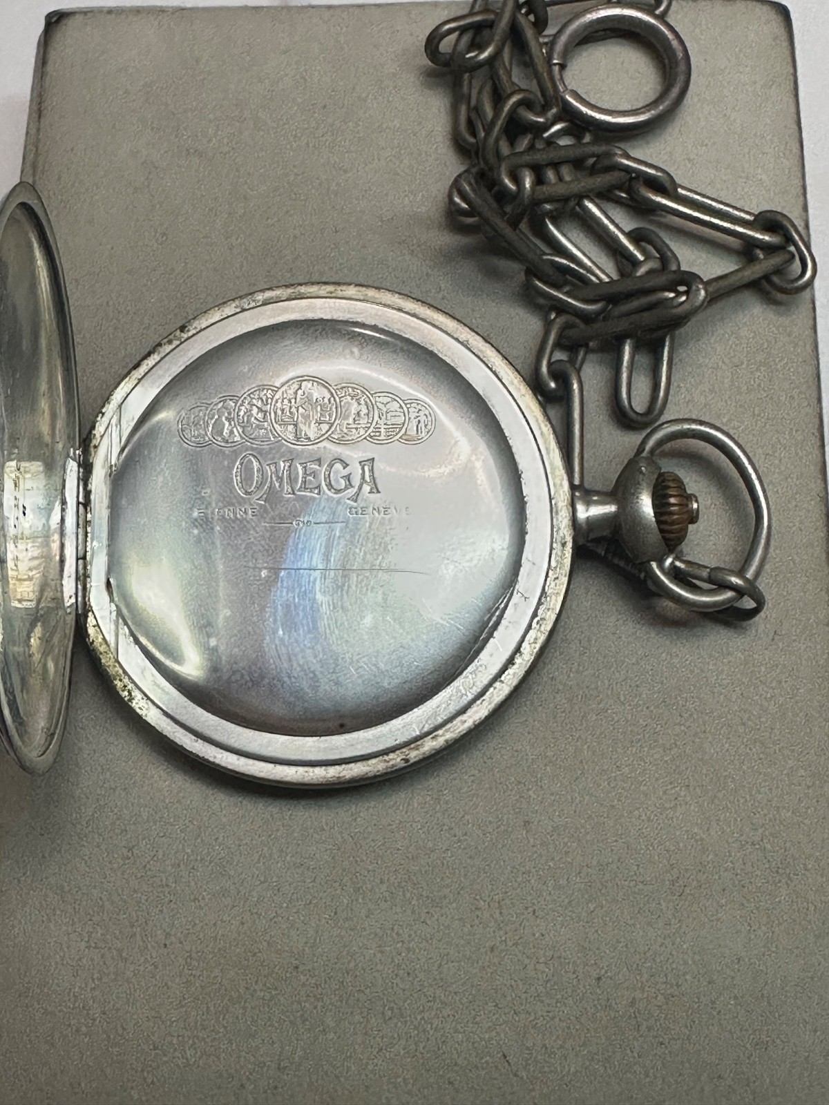 Antique OMEGA 800 Solid Silver Pocket Watch 1920 Cal 17.5B Floral With Chain 97g