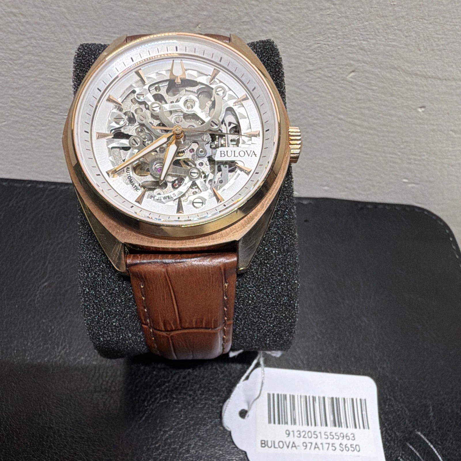 Bulova 97A175 Automatic Skeleton Dial Gold Tone Case 41mm Brown Leather 30m