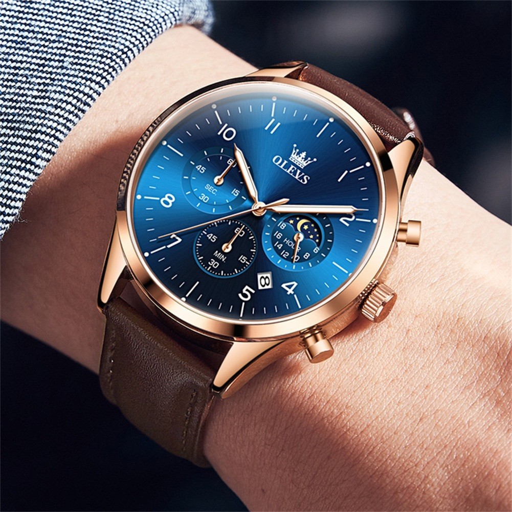 OLEVS 2882 Luminous Multifunctional Male Genuine Leather Classic Quartz Watch