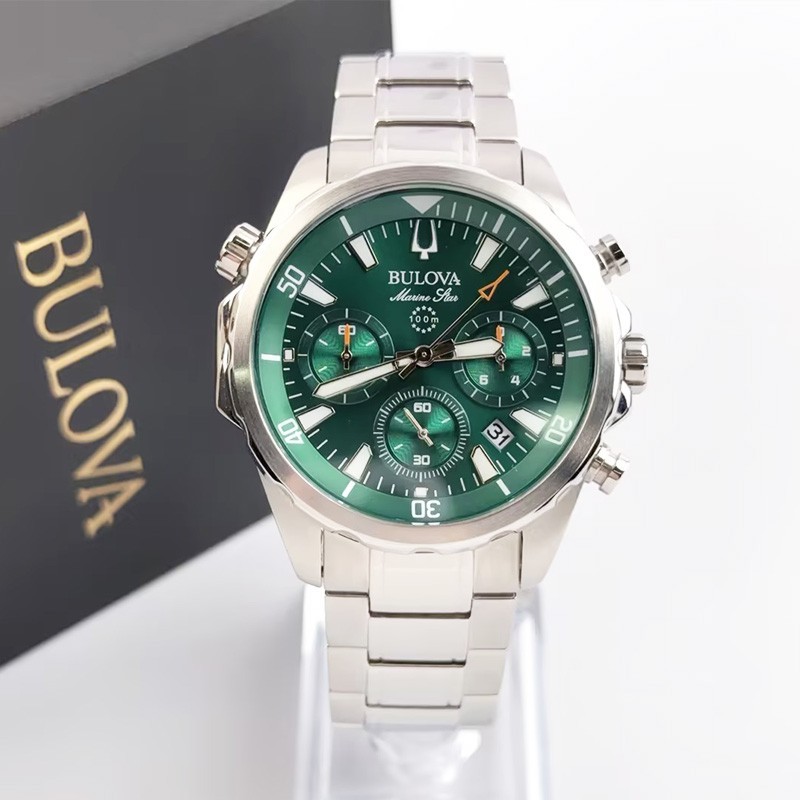 Bulova Marine Star 96B396 Quartz Men’s Watch Green Dial Stainless Steel 43MM