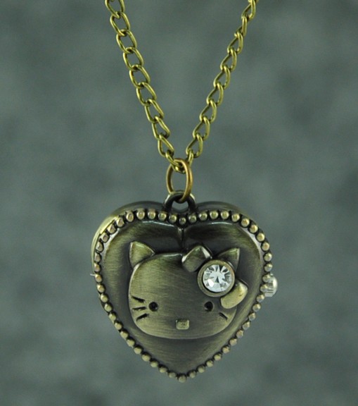 Full Hunter Bronze Cute CartoonKitty Heart Case Womens Quartz Pocket Watch Gift