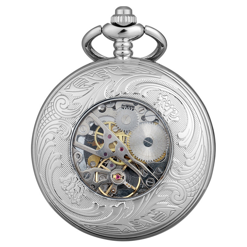Vintage Steampunk Silver Hand Winding Mechanical Pocket Watch Shield Chain Gift