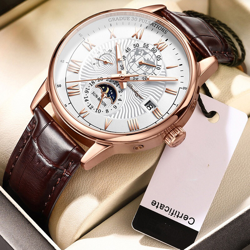 POEDAGAR Leather Luminous Men’s Quartz Watch Chronograph Waterproof Wristwatches
