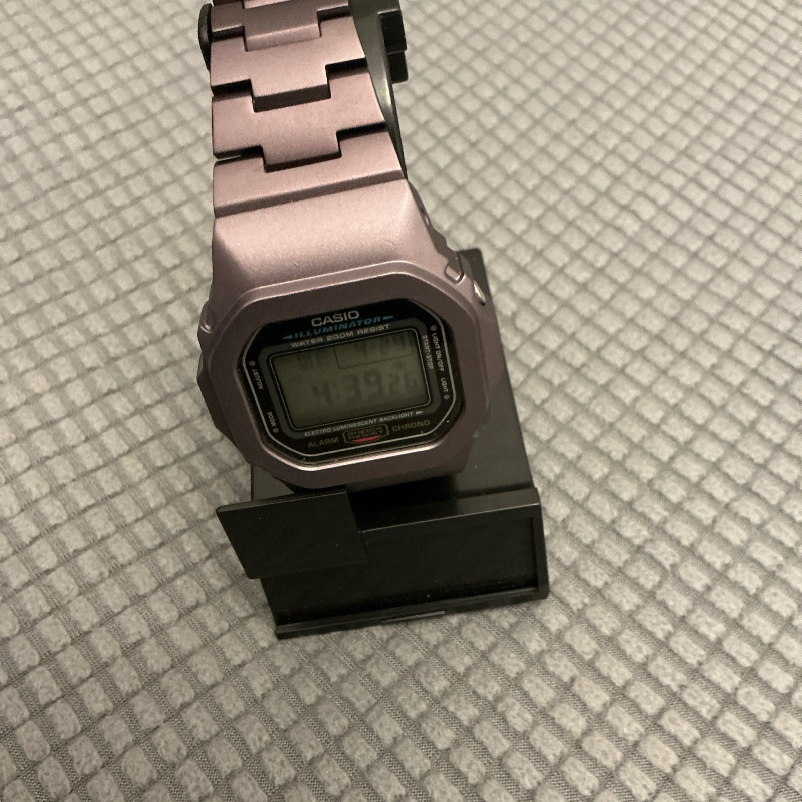 This is a modified DW5600E-1V watch with purple PVD Metal Bracelet 200M Box