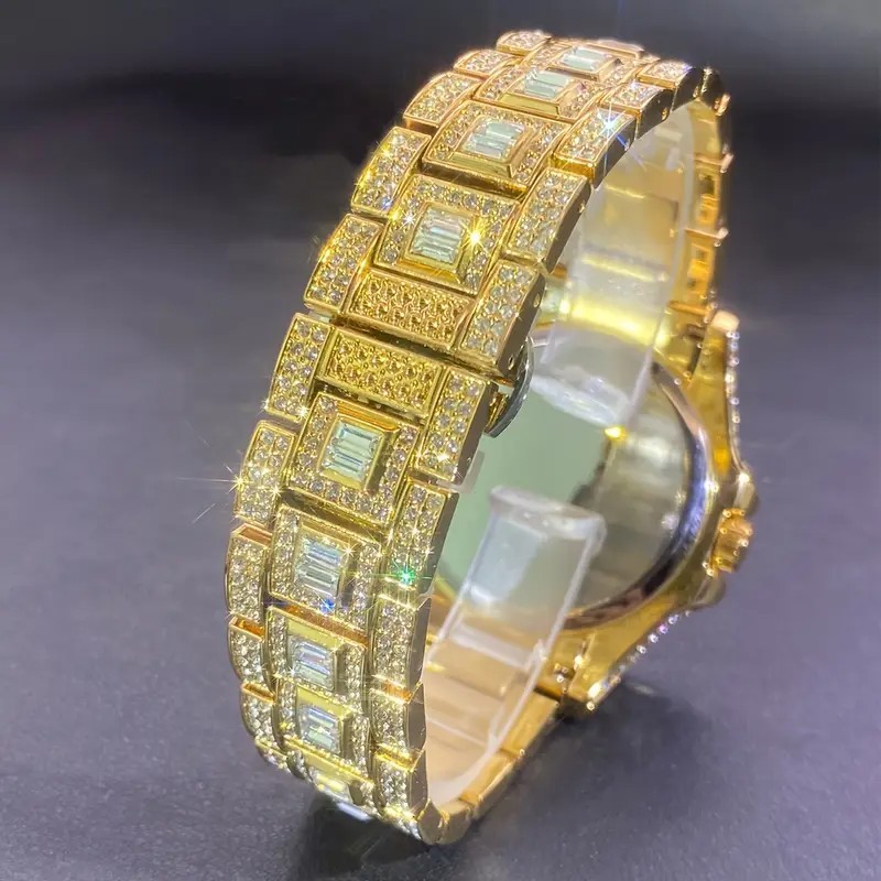 MISSFOX Hip Hop Luxury Ice Out Men’s Watch Iced King Bling Gold Cz Diamond Shine