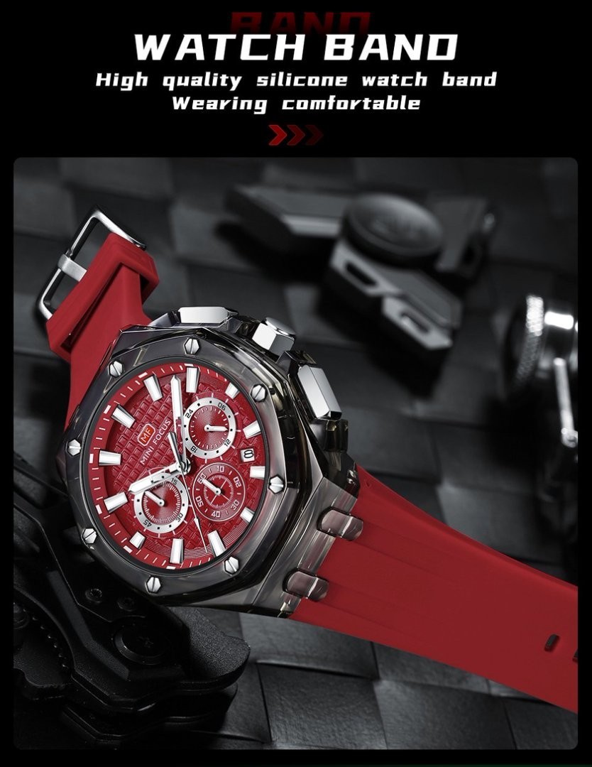 MINI FOCUS Men Transparent Case Multifunction Chronograph Calendar Quartz Watch