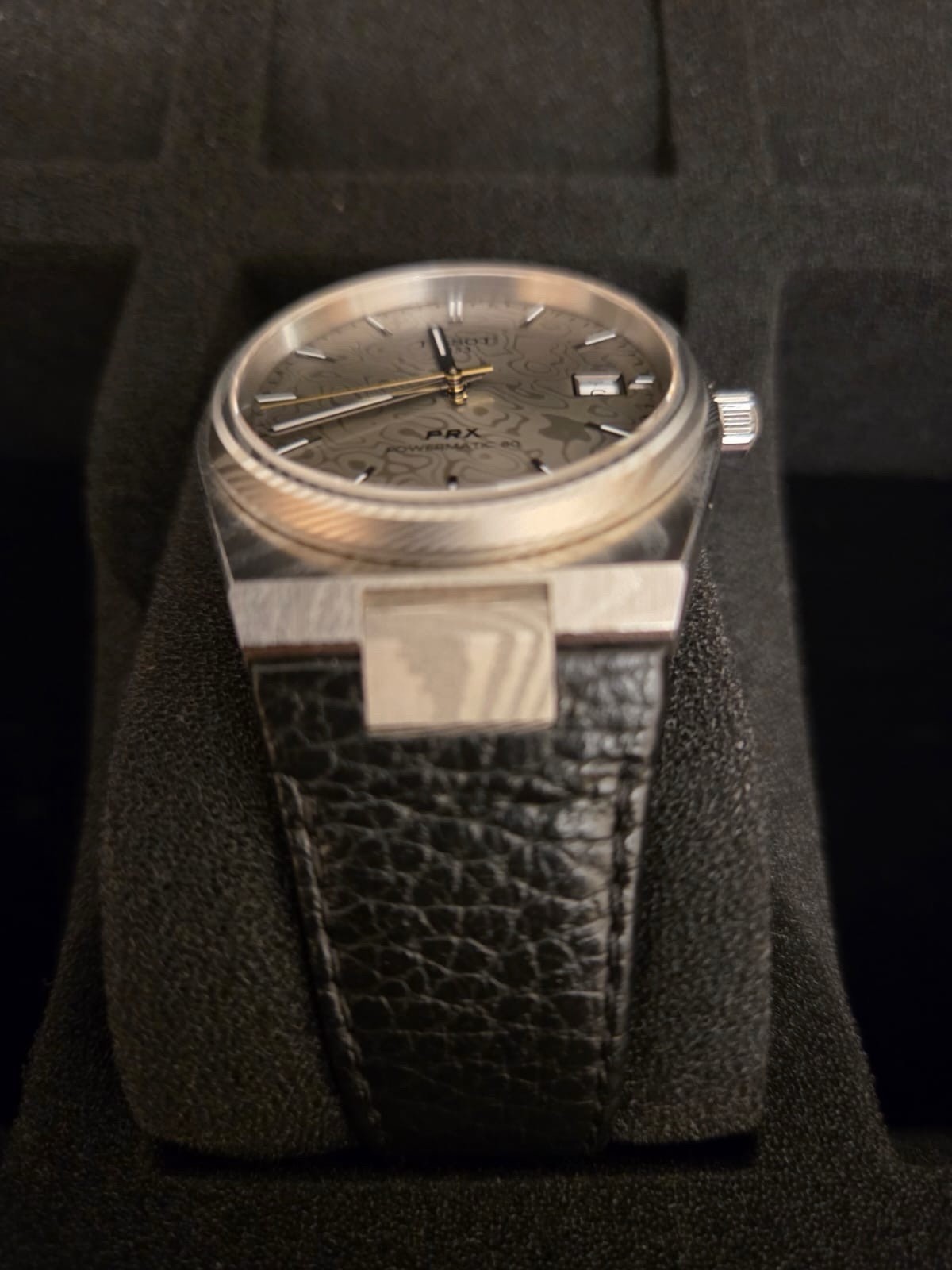 Tissot PRX 80 Powermatic Damascus Steel Dial Date 40mm 100m Black Leather Strap