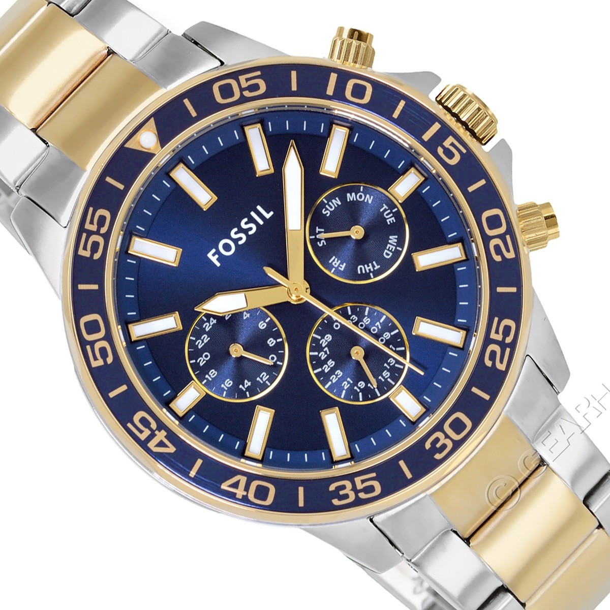 FOSSIL Bannon Mens Two-Tone Watch, Blue Dial, Silver Gold Stainless Steel Band