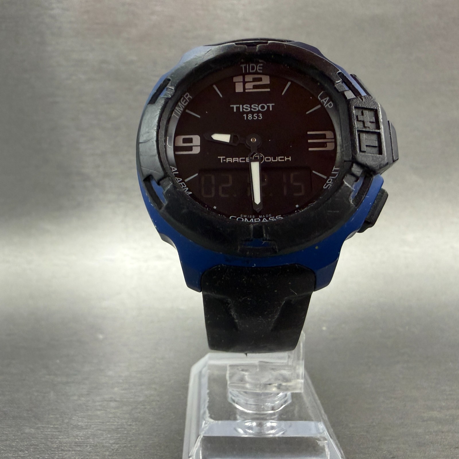 Tissot T-Touch Watch Men 47mm Black Blue Ana Digi Alarm Chrono New Battery W/Box