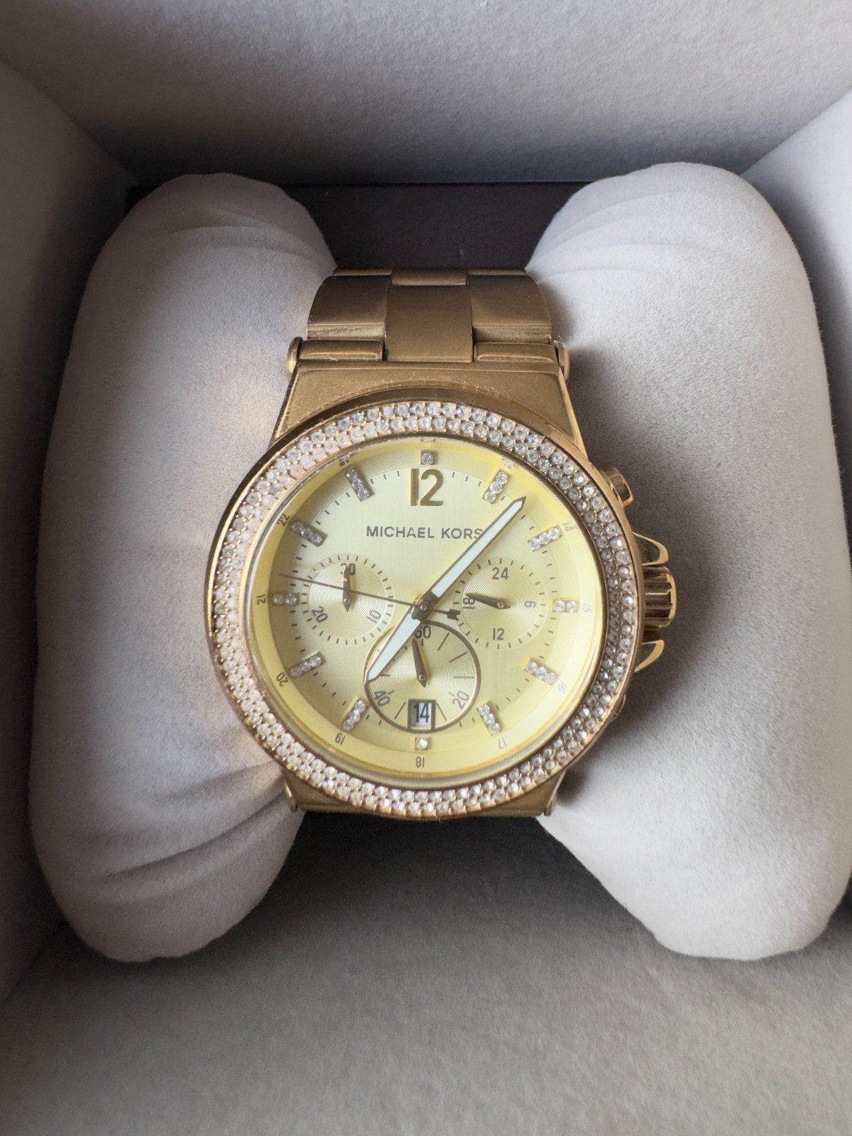 Michael Kors MK5386 Gold Crystal Chronograph Watch Date Women 42mm Authentic