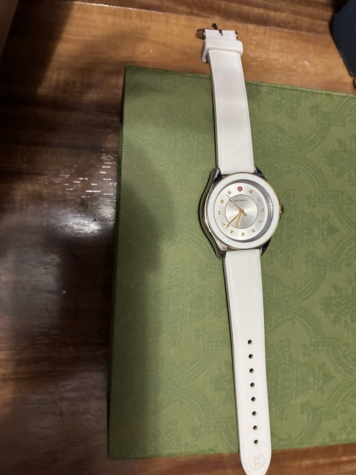 MICHELE Cape Women’s Quartz Analog Watch Silver/White Dial White Leather 50m
