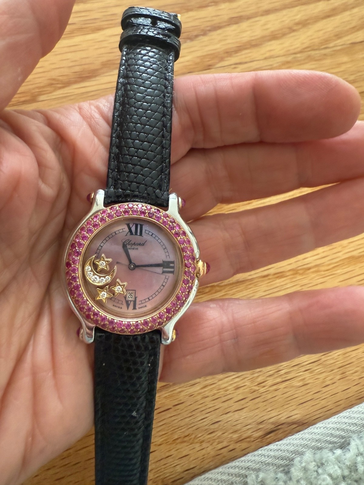 Chopard Vintage Happy Sport Watch ruby bezzle moon and stars 18k