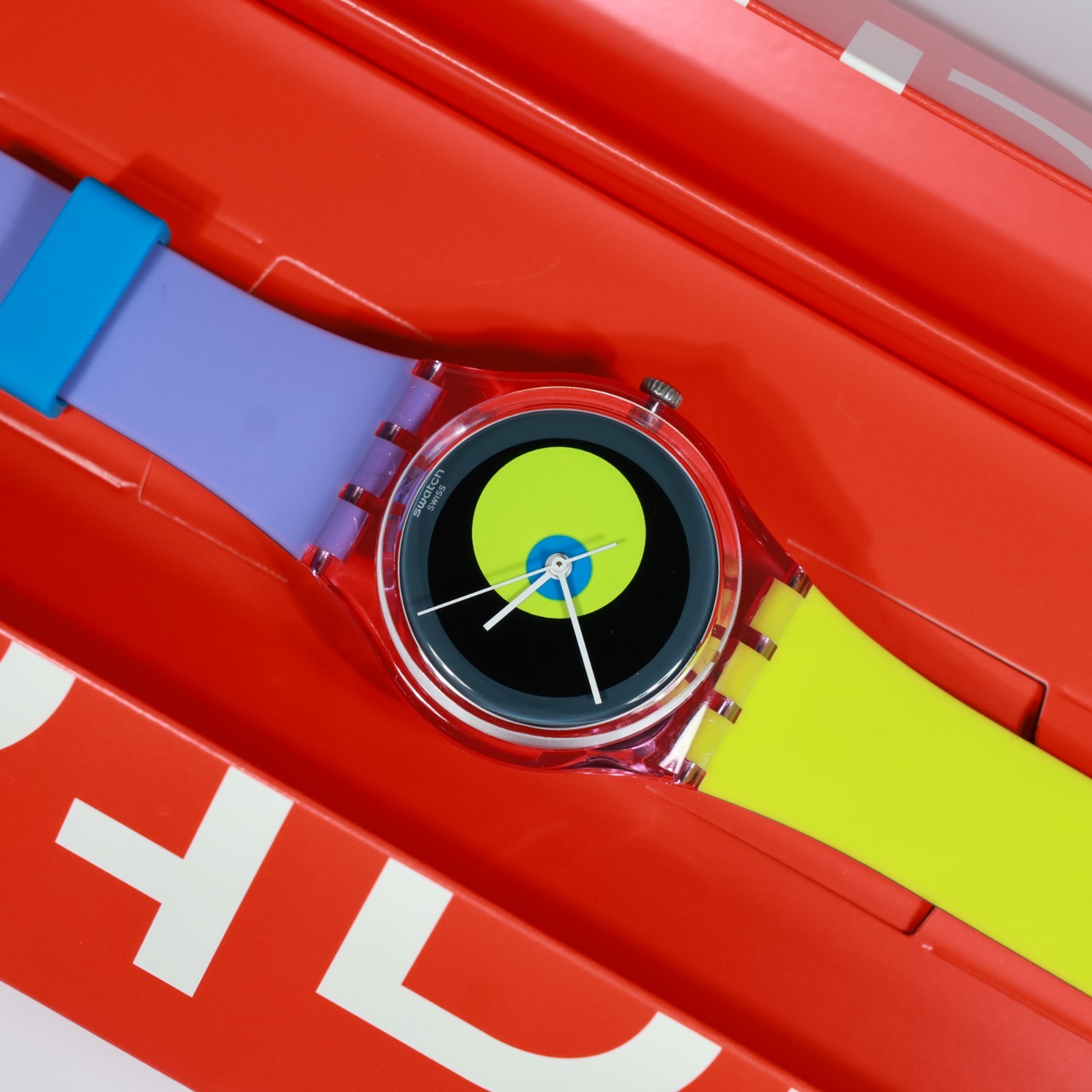 Swatch Swiss Made GP143 34MM Circle in Circle Pink Green Light Purple Circle Spo