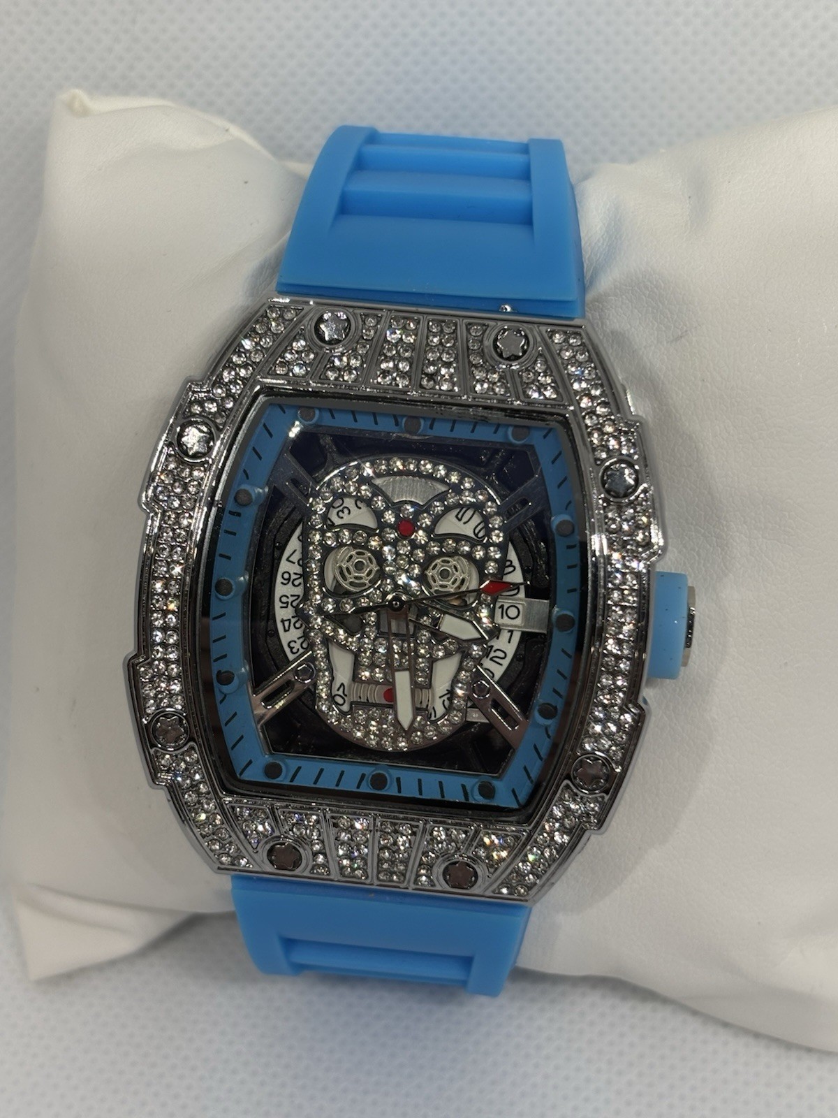 MENS Blue Skull Dial Crystal Quartz Watch Blue Rubber Strap NEW w/ Box