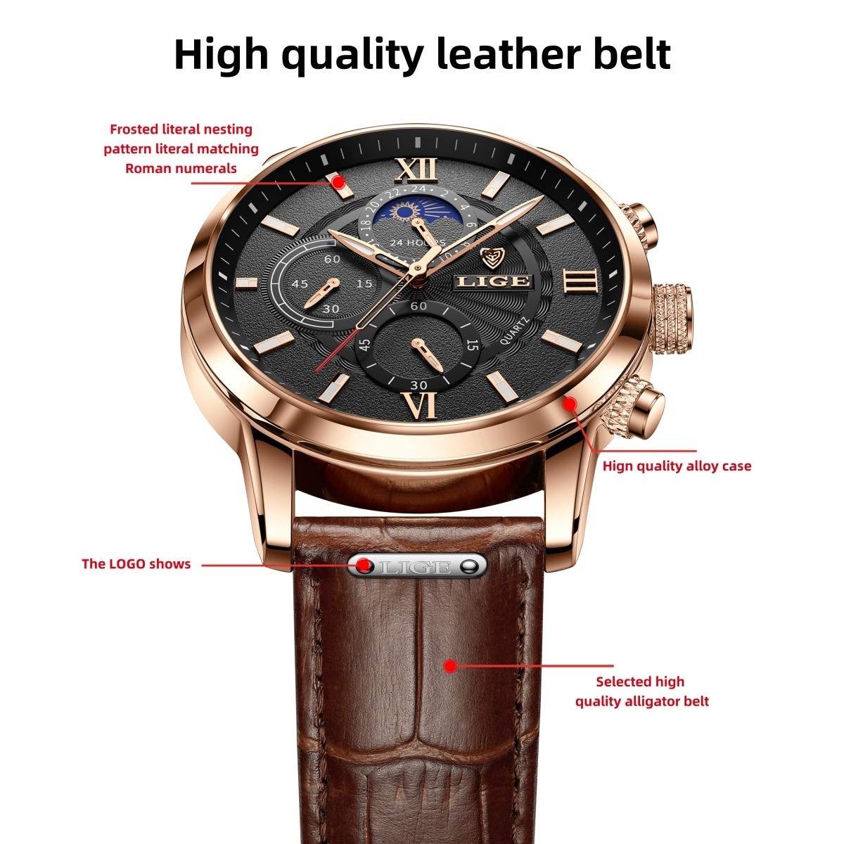 Men’s Watch Quartz Luminous Stainless Steel Case Leather Band Daily Wristwatches