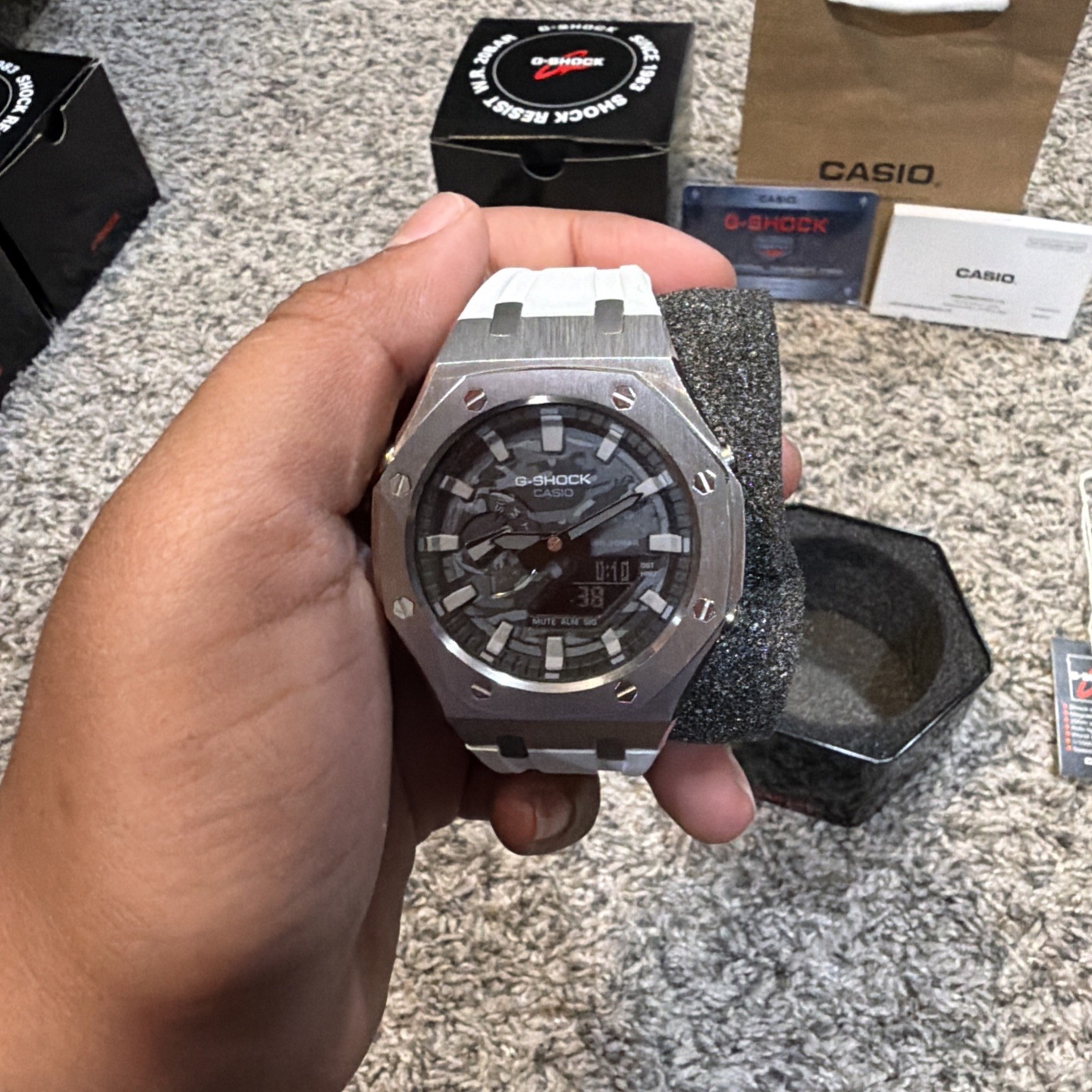 Casio G-Shock GA-2100 Custom Casioak Black And Grey With White Band. With Band