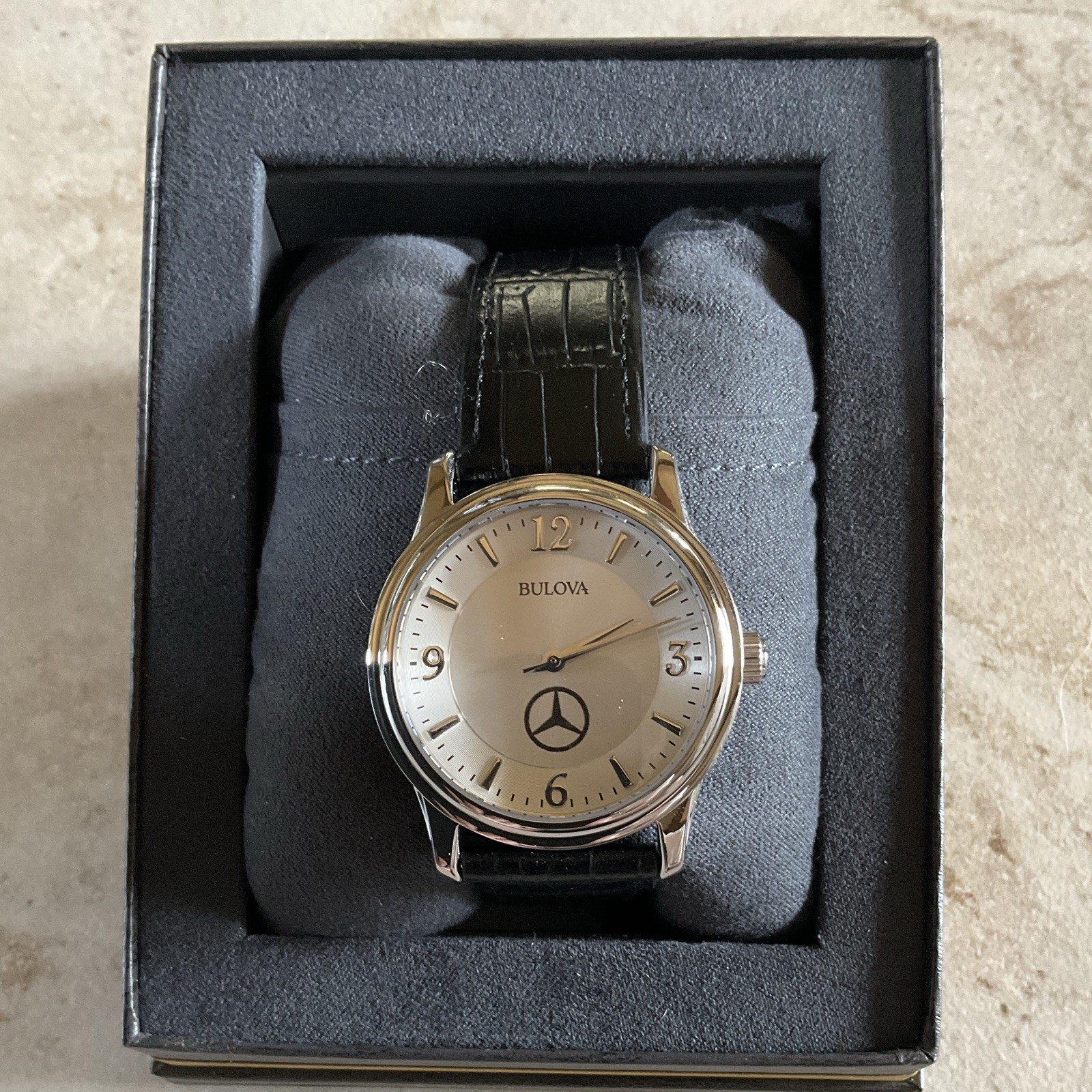 Mercedes Benz Men’s Analog Wristwatch Silver Dial Black Leather Strap w/ Box